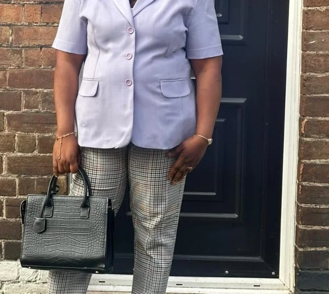 After. Torso photographs of a client, cropped below the chin: in a tan bodycon dress indoors, and in a lilac blazer and checked trousers outdoors.