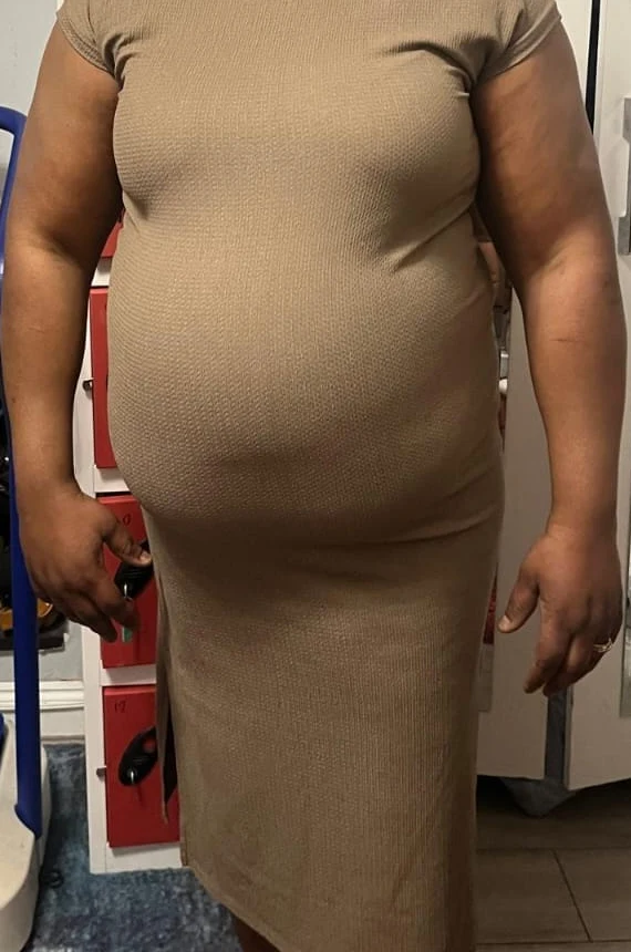 Before. Torso photographs of a client, cropped below the chin: in a tan bodycon dress indoors, and in a lilac blazer and checked trousers outdoors.