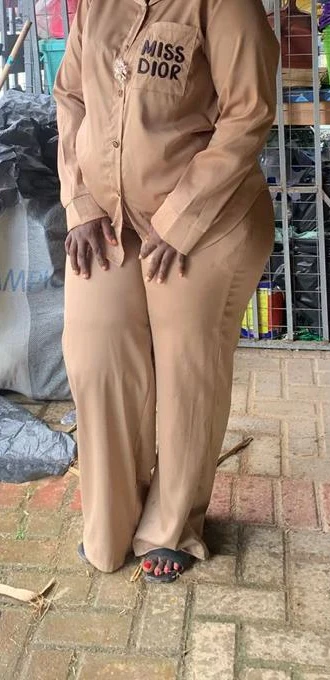 Before. Torso photographs of a client, cropped below the chin: in a tan pyjama-style set outdoors by a market stall, and in a yellow and green patterned dress outdoors.