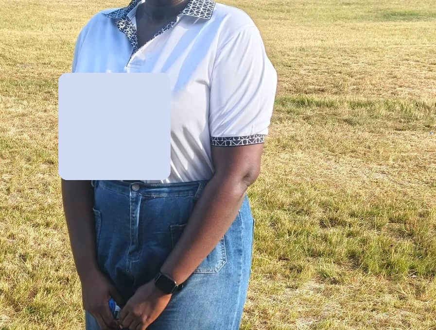 After. Torso photographs of a client, cropped below the chin with the shirt's printed graphic covered: in a white collared polo and jeans, and the same polo with a denim skirt outdoors.
