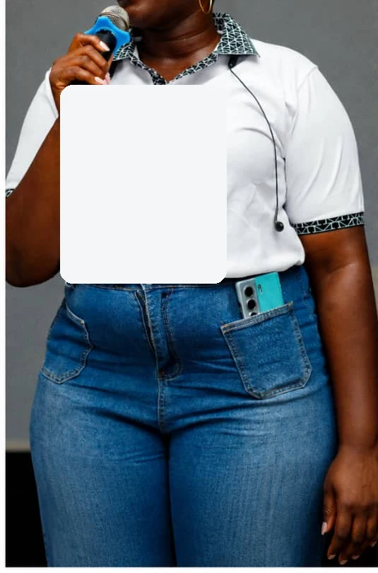 Before. Torso photographs of a client, cropped below the chin with the shirt's printed graphic covered: in a white collared polo and jeans, and the same polo with a denim skirt outdoors.
