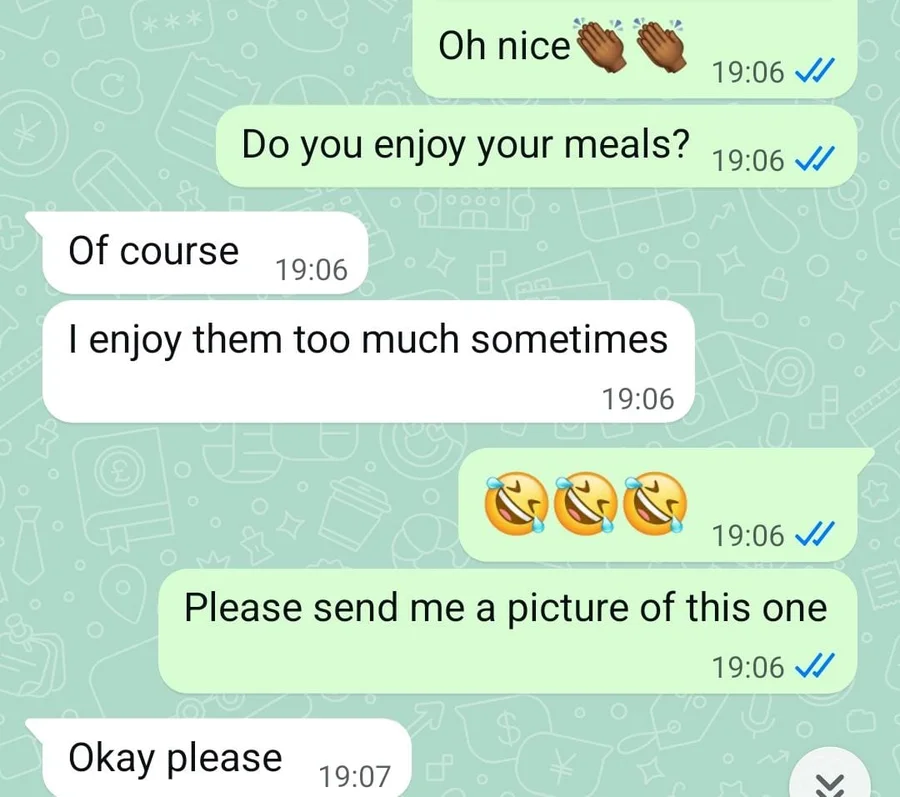 Client says she enjoys her meals, sometimes too much, prompting a laughing response and a request for a food photo.
