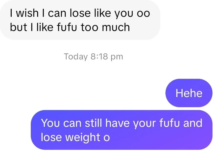 Client jokes she wishes she could lose weight too but loves fufu, and the coach assures her she can still eat fufu and lose weight.
